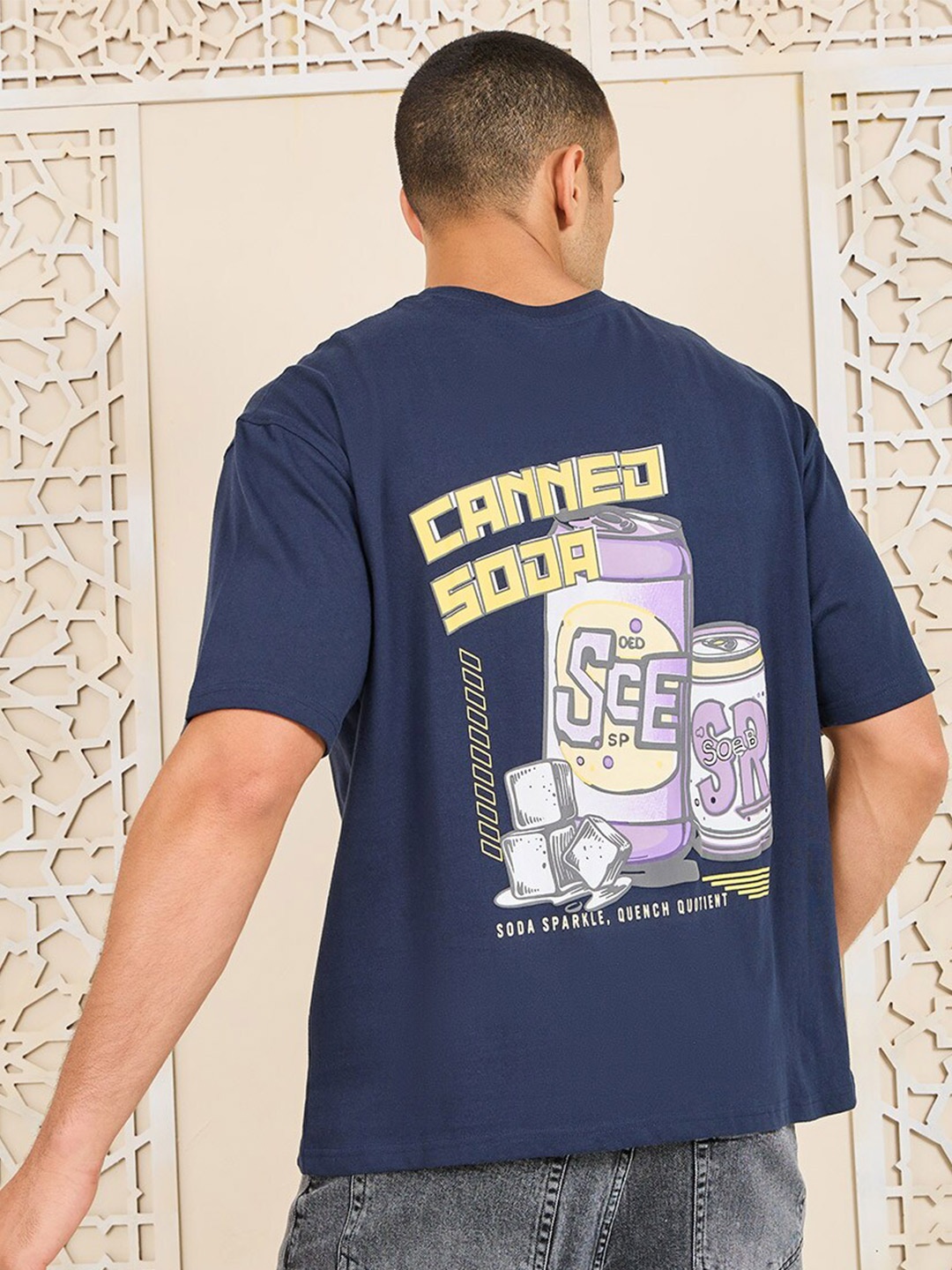 

Styli Navy Blue Graphic Canned Soda Print Premium Jersey Cotton Oversized T-shirt