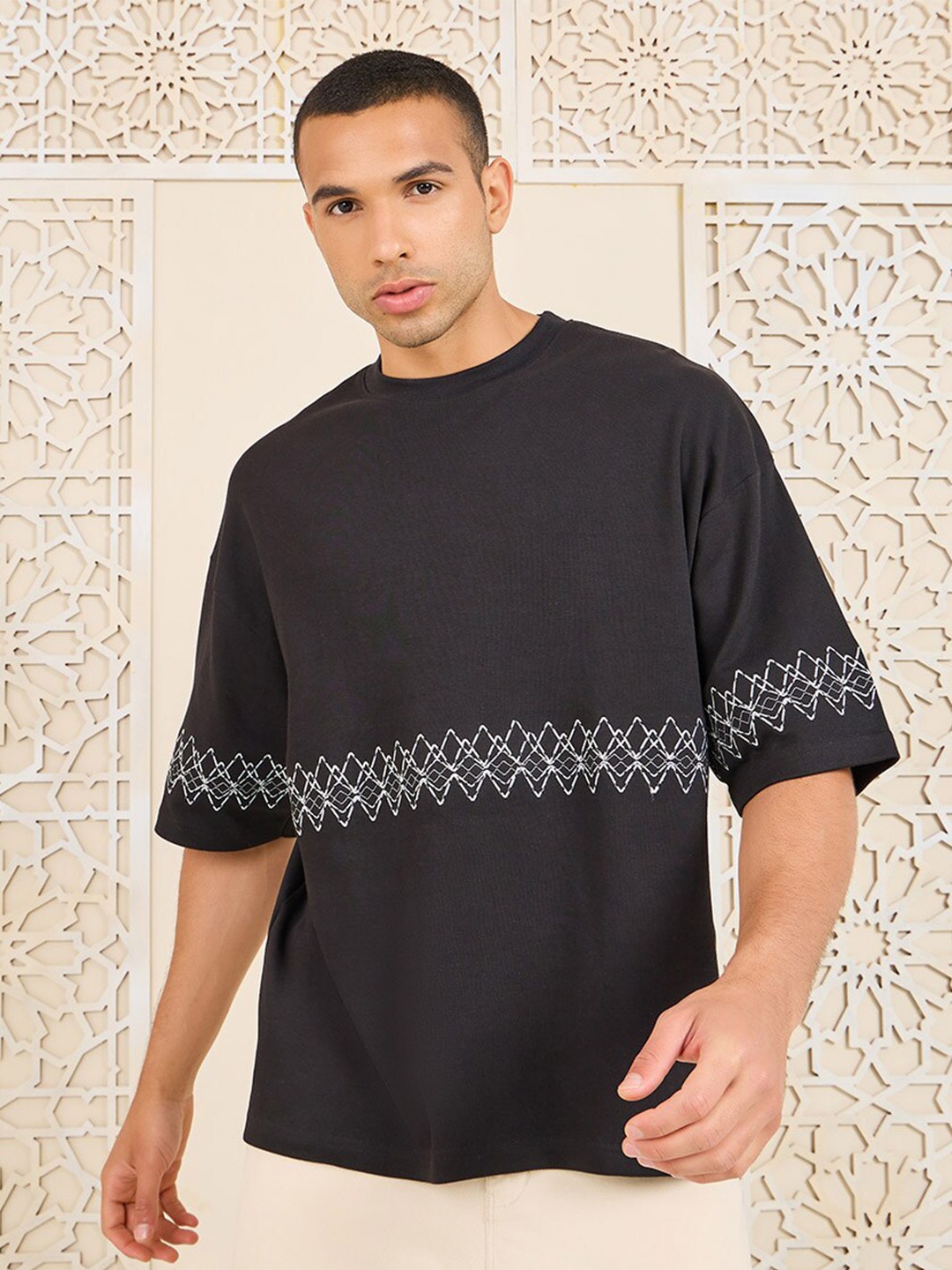 

Styli Black Premium Interlock Boxy Fit Embroidered Cotton T-shirt