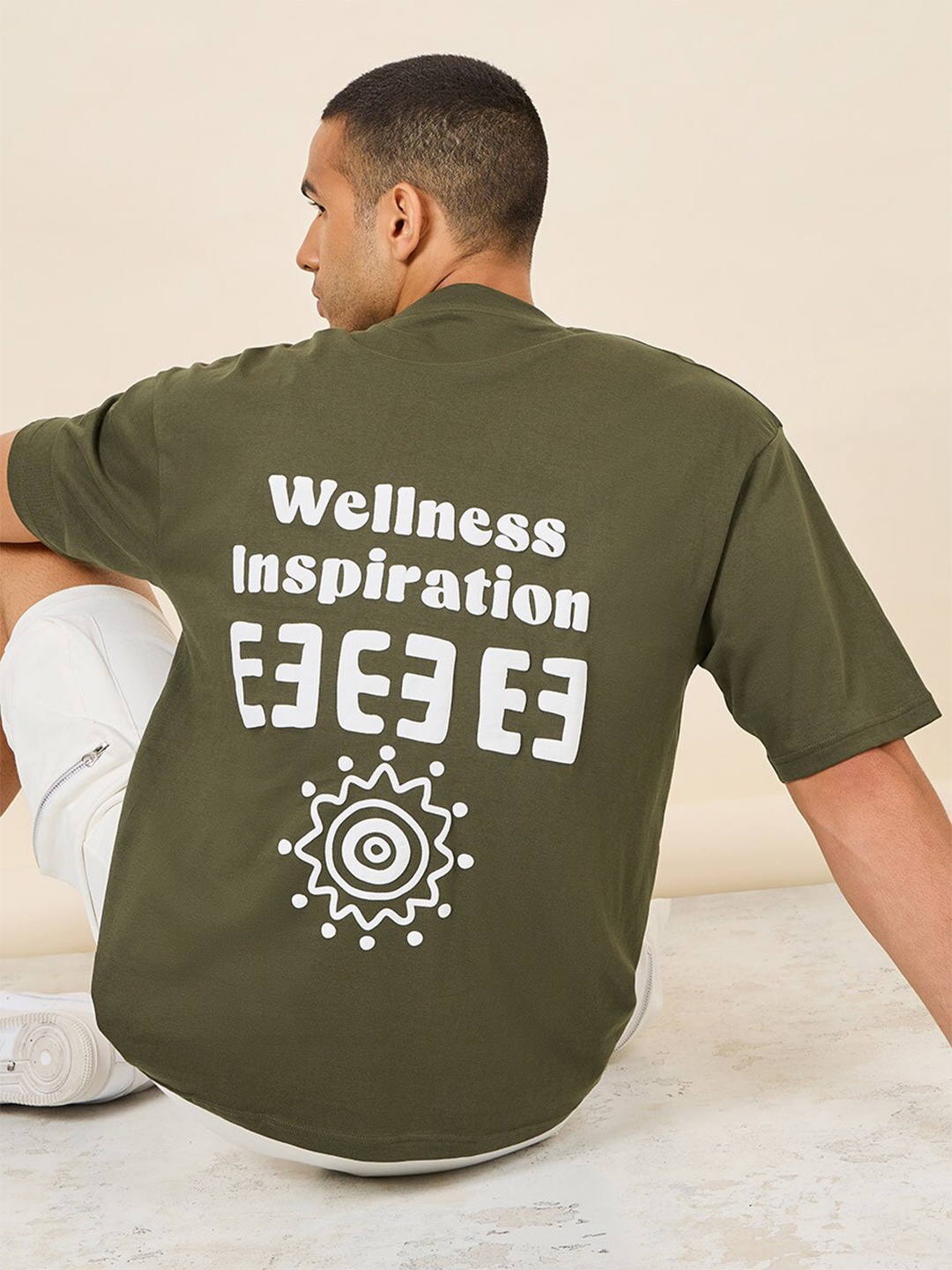 

Styli Olive Green Front And Back Print Heavy Jersey Cotton Oversized T-shirt