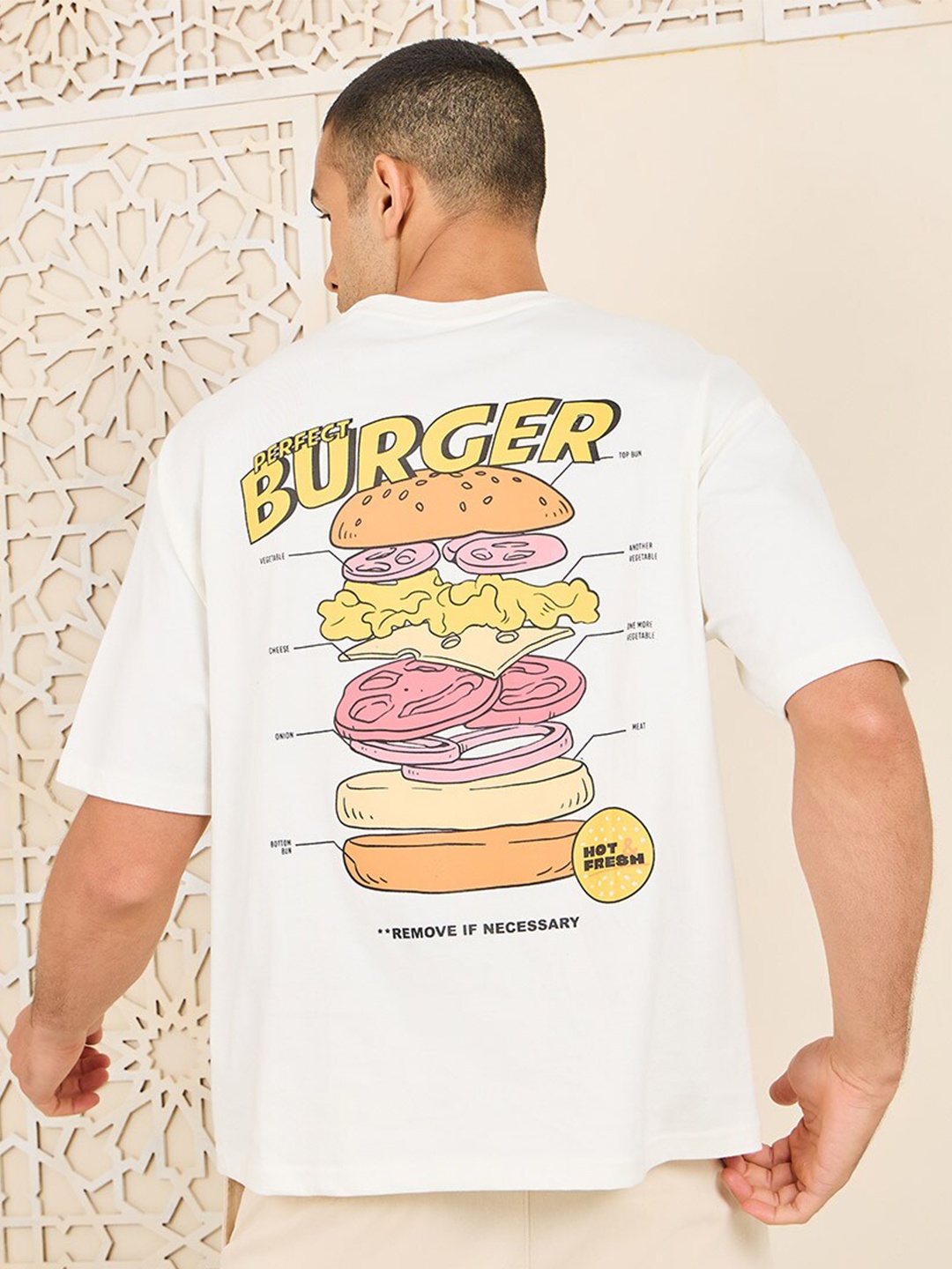 Styli Cream-Coloured Front & Back Burger Print Premium Jersey Cotton Oversized T-shirt
