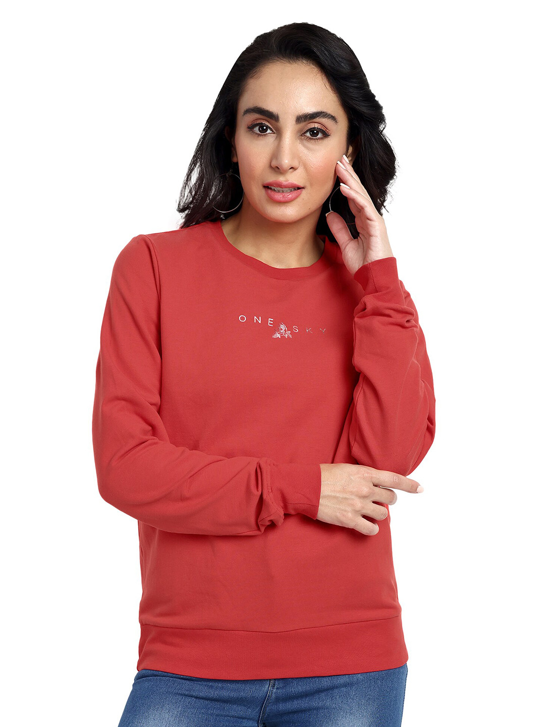 

ONE SKY Round Neck Pure Cotton Sweatshirt, Red