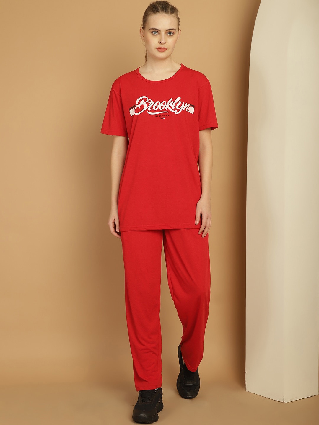 MACK JONNEY Typography Printed Round Neck Cotton Tracksuit, Red
