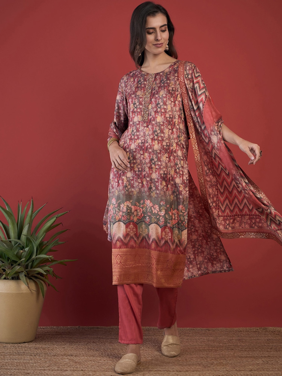 

Anouk Floral Printed Aari Work Pure Silk Straight Kurta with Trouser & Dupatta, Coral