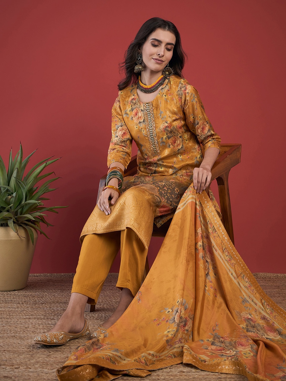 

Anouk Floral Printed Regular Pure Silk Straight Kurta With Trouser & Dupatta, Mustard