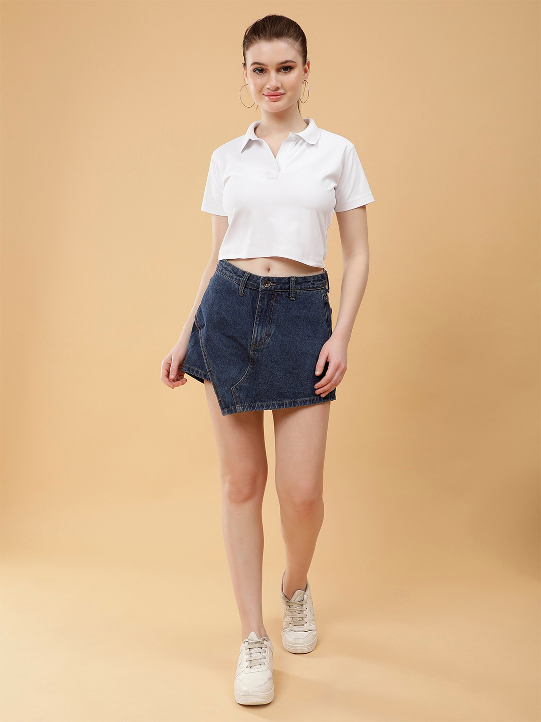

PockMAN Polo Collar Short Sleeves Shirt Style Crop Top, White