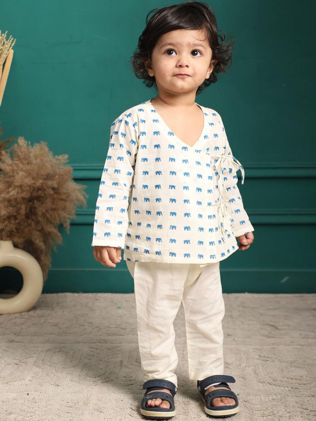 Polka Tots Unisex Kids Printed Regular Pure Cotton Kurta with Pyjamas, White