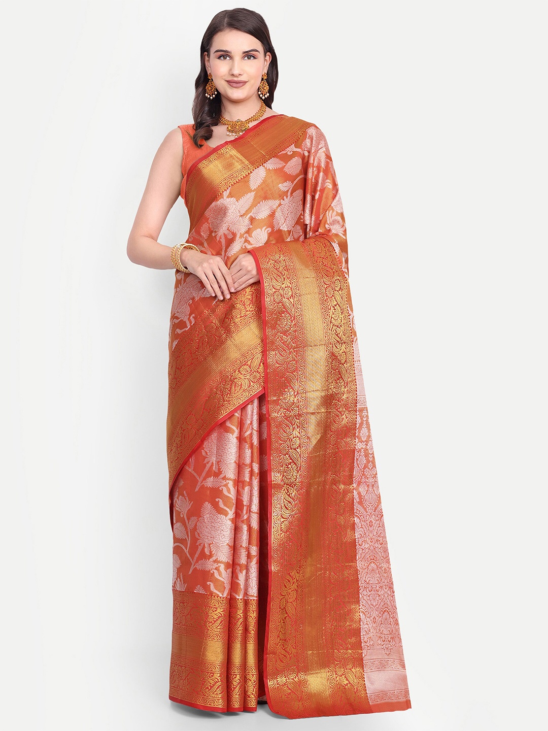 

AKSH FASHION Woven Design Zari Kanjeevaram Saree, Orange