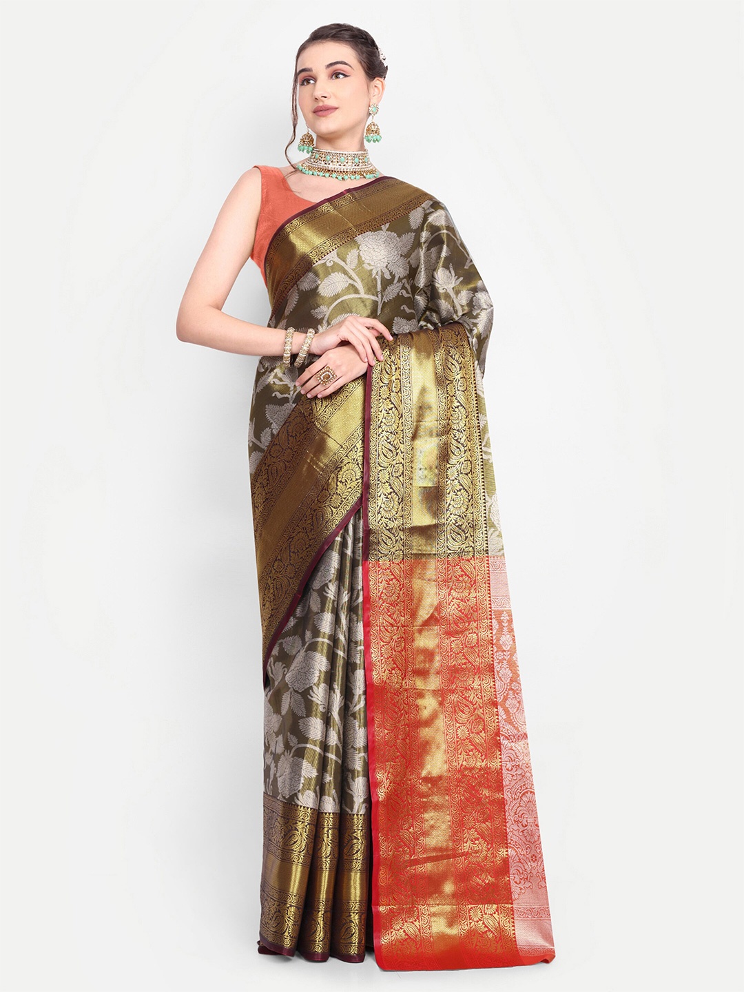 AKSH FASHION Woven Design Zari Art Silk Kanjeevaram Saree, Green
