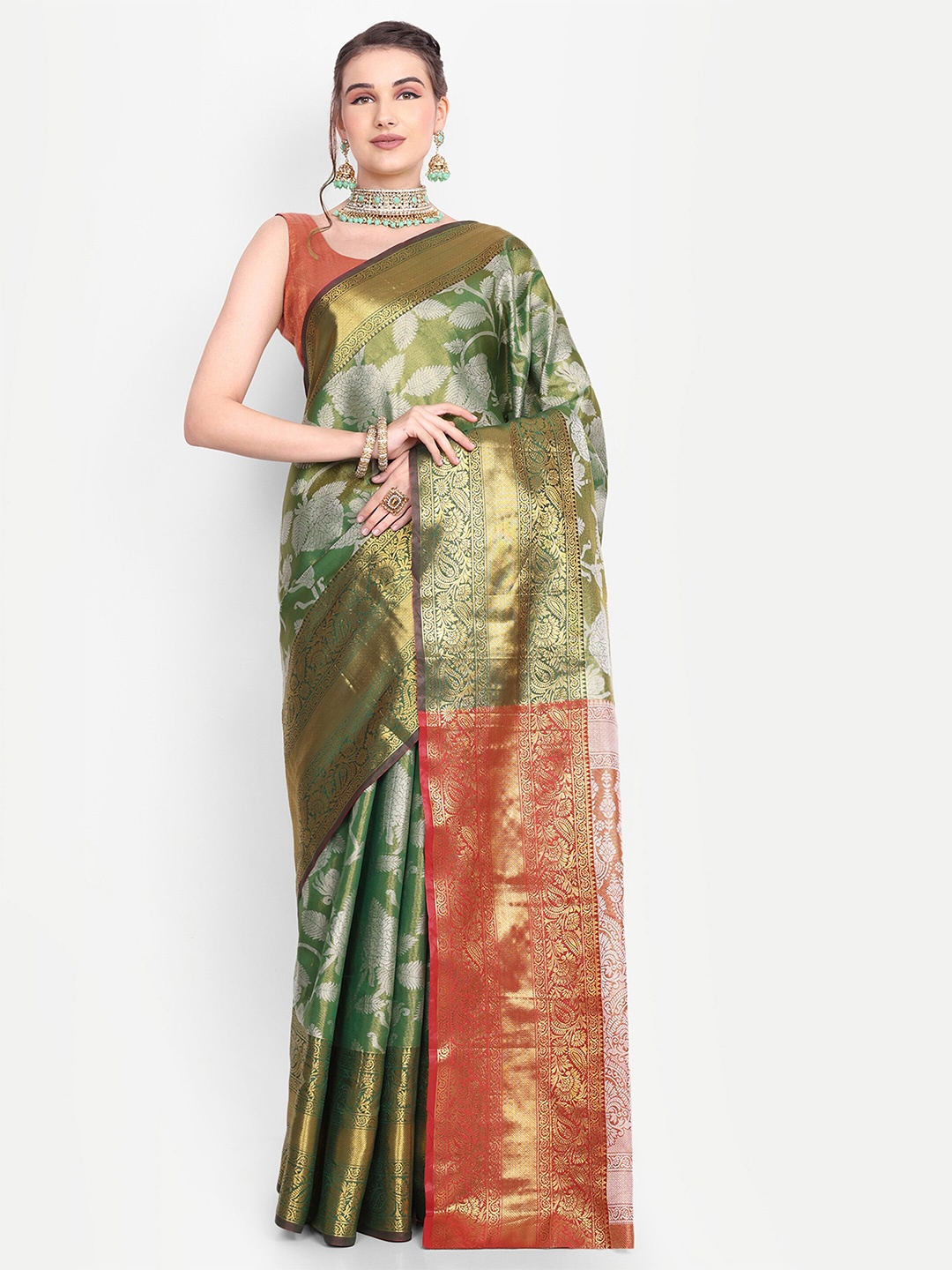 

AKSH FASHION Floral Woven Design Zari Kanjeevaram Saree, Green