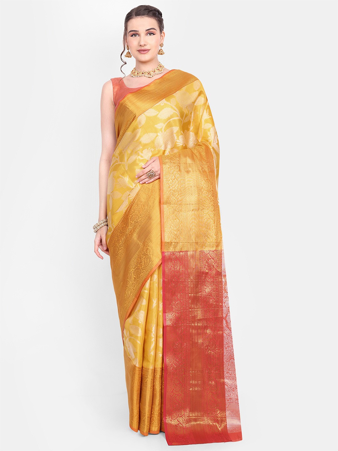 

AKSH FASHION Ethnic Motifs Zari Kanjeevaram Saree, Yellow