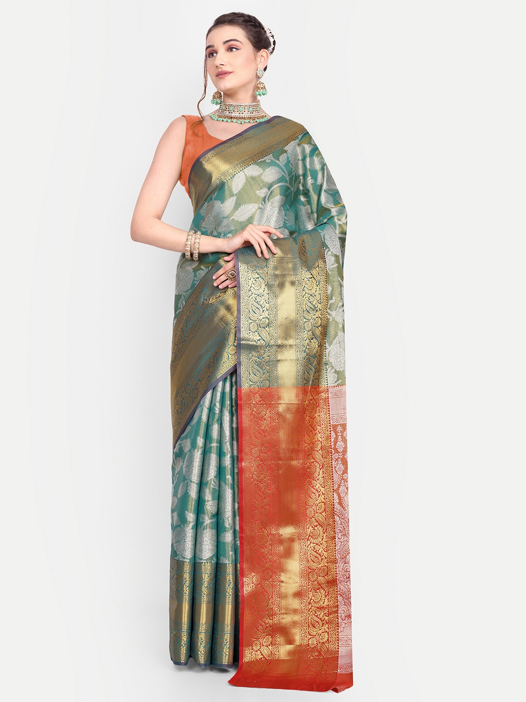 

AKSH FASHION Woven Design Zari Art Silk Kanjeevaram Saree, Turquoise blue