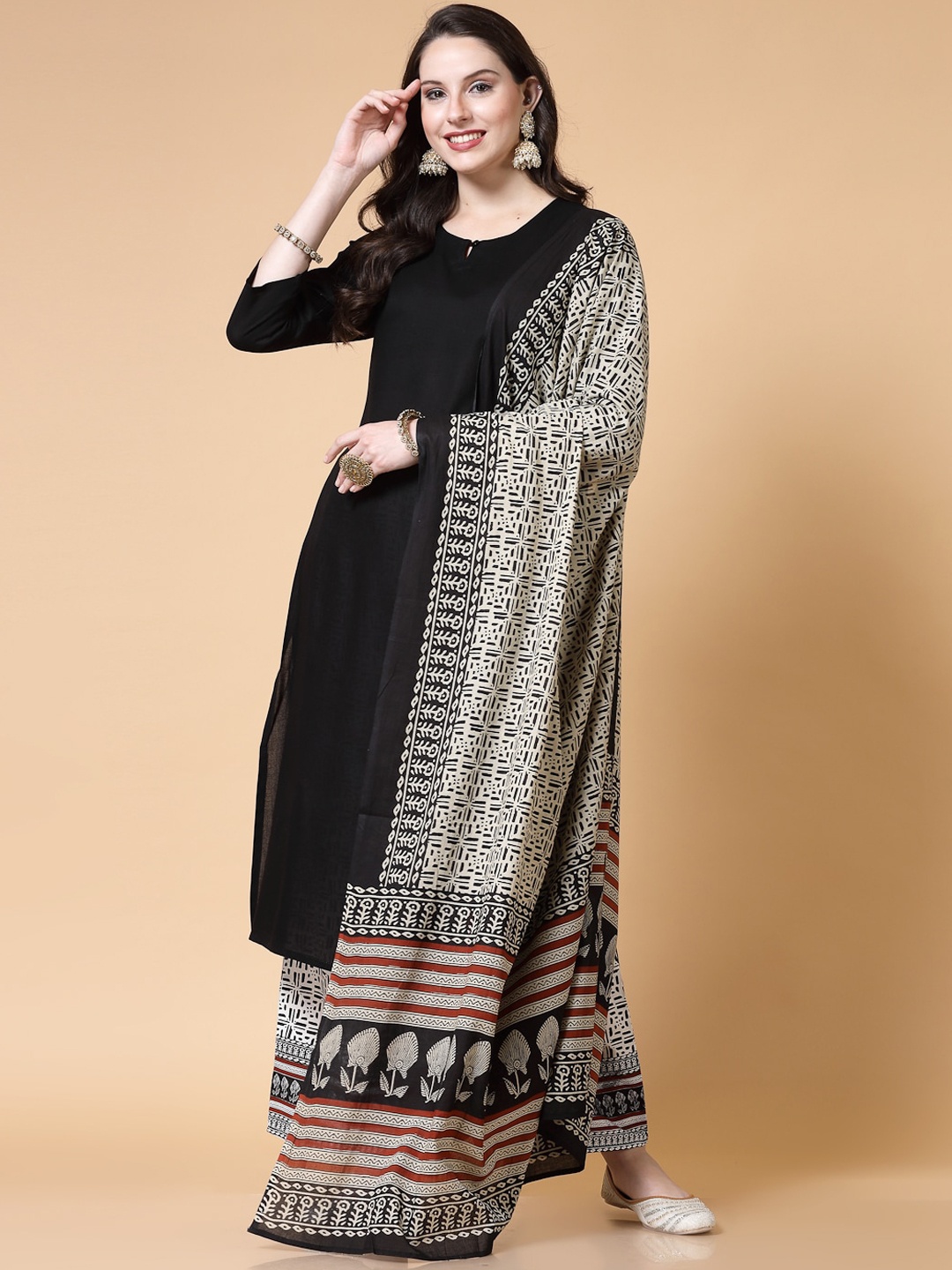 

SkyaSia Round Neck Straight Kurta with Palazzos & With Dupatta, Black
