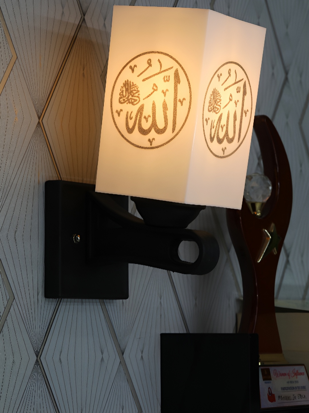 1ST TIME White & Silver-Toned Printed Wood Traditional Square Shaped Wall Lamp