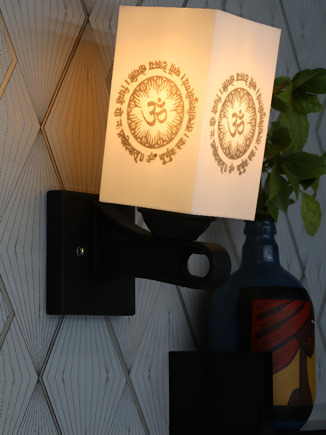 1ST TIME White & Black Printed Wood Traditional Square Shaped Wall Lamp