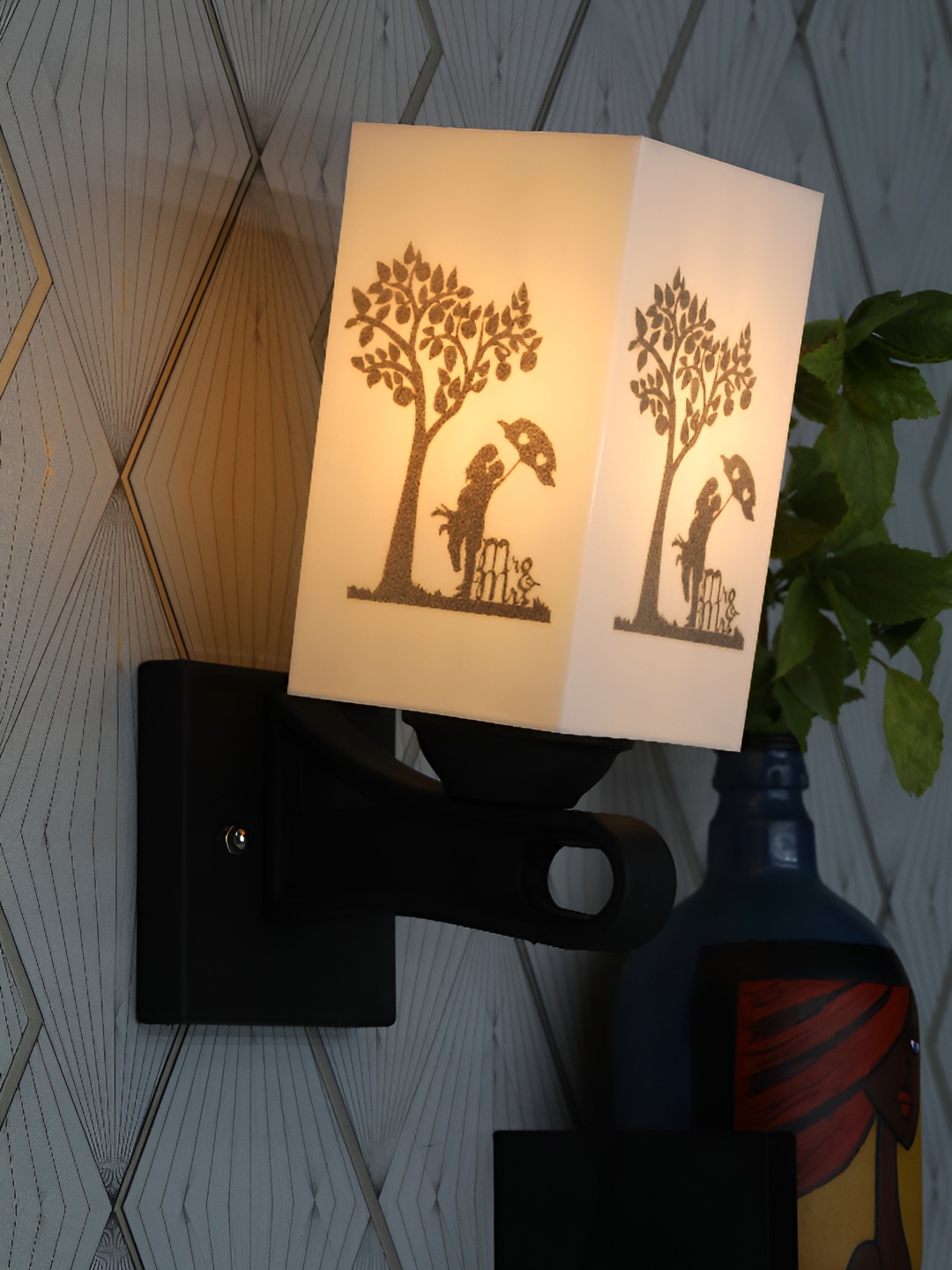 

1ST TIME White & Black Printed Wood Traditional Square Shaped Wall Lamp