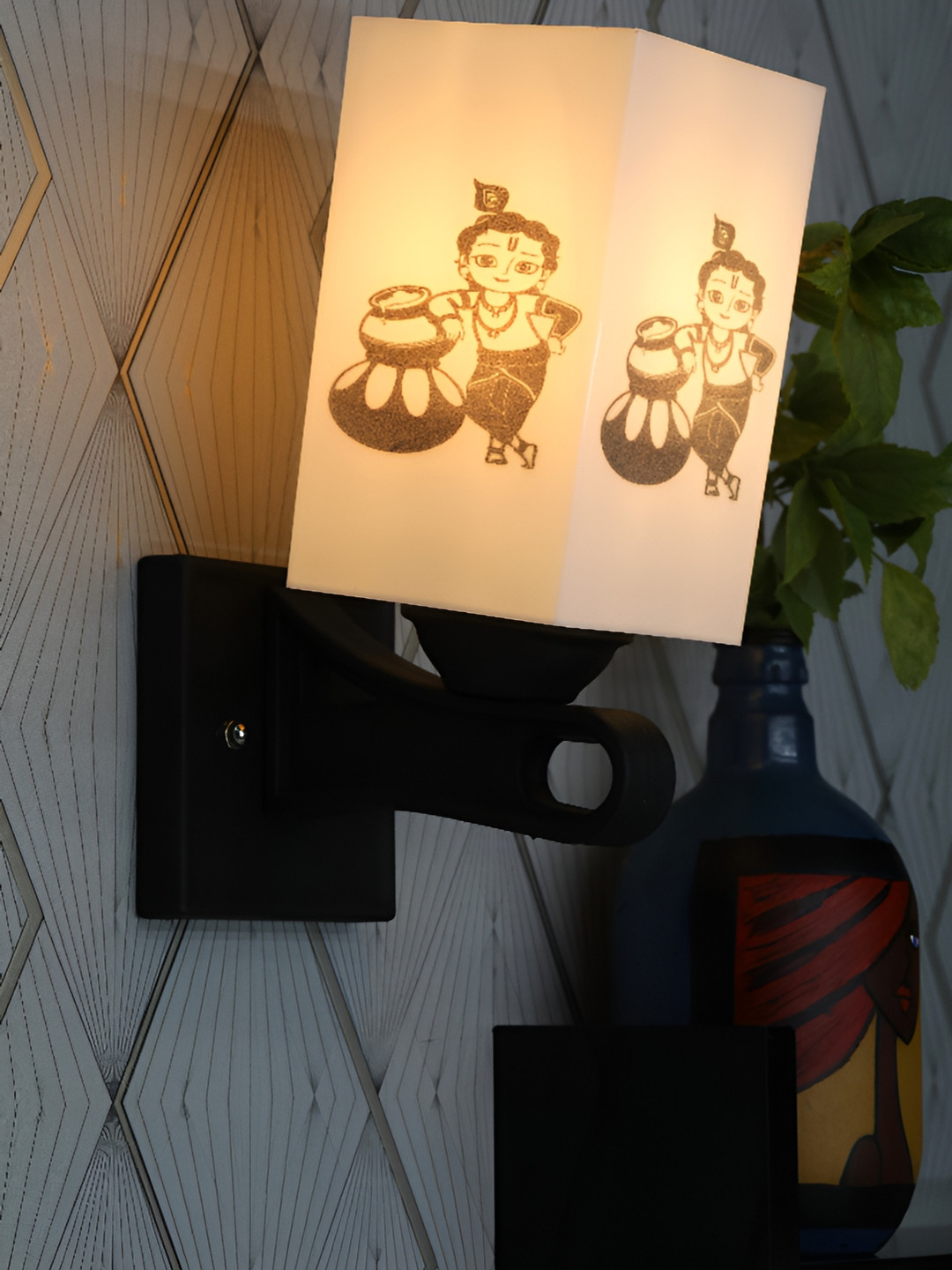 

1ST TIME White & Black Printed Wood Traditional Square Shaped Wall Lamp