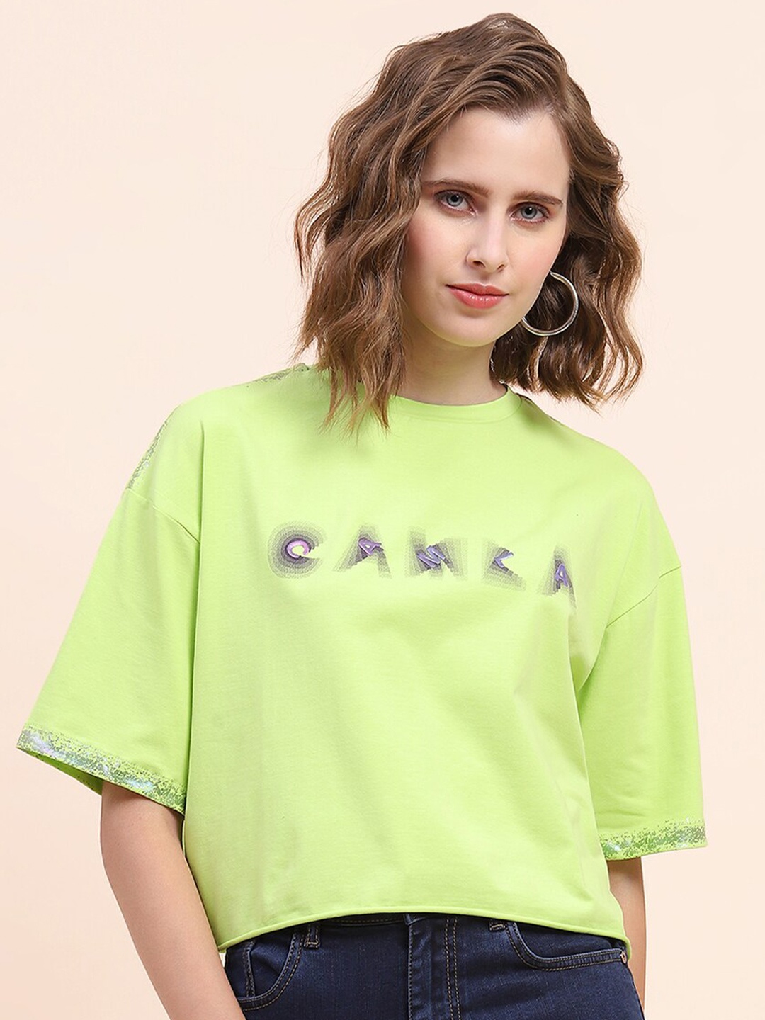 

CAMLA Typography Printed Drop-Shoulder Sleeves Pure Cotton Crop T-shirt, Lime green