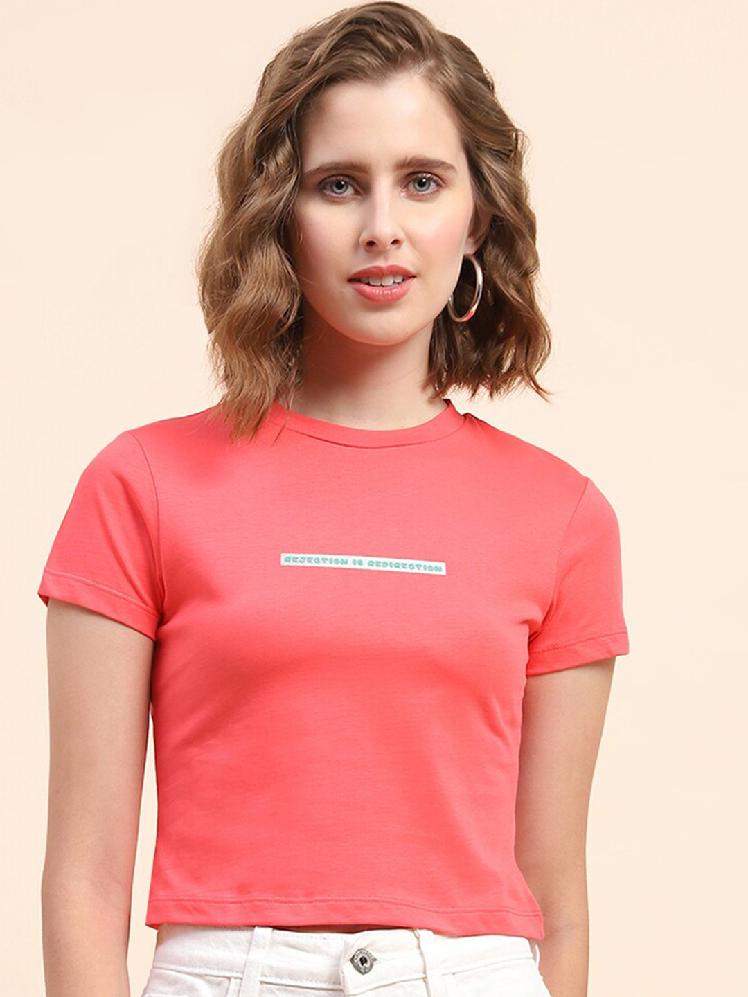 

CAMLA Round Neck Pure Cotton Crop T-shirt, Pink