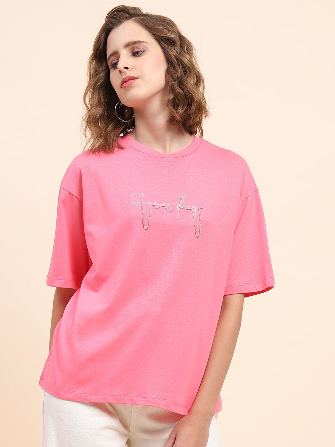

CAMLA Typography Printed Drop-Shoulder Sleeves Pure Cotton T-shirt, Pink