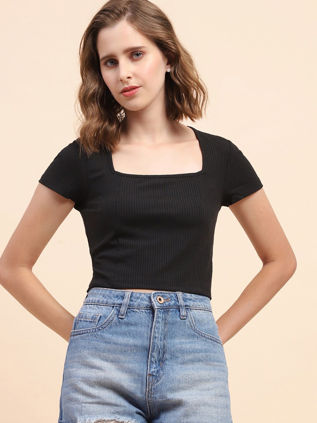 CAMLA Cotton Square Neck Short Sleeves Fitted Casual Crop Top, Black