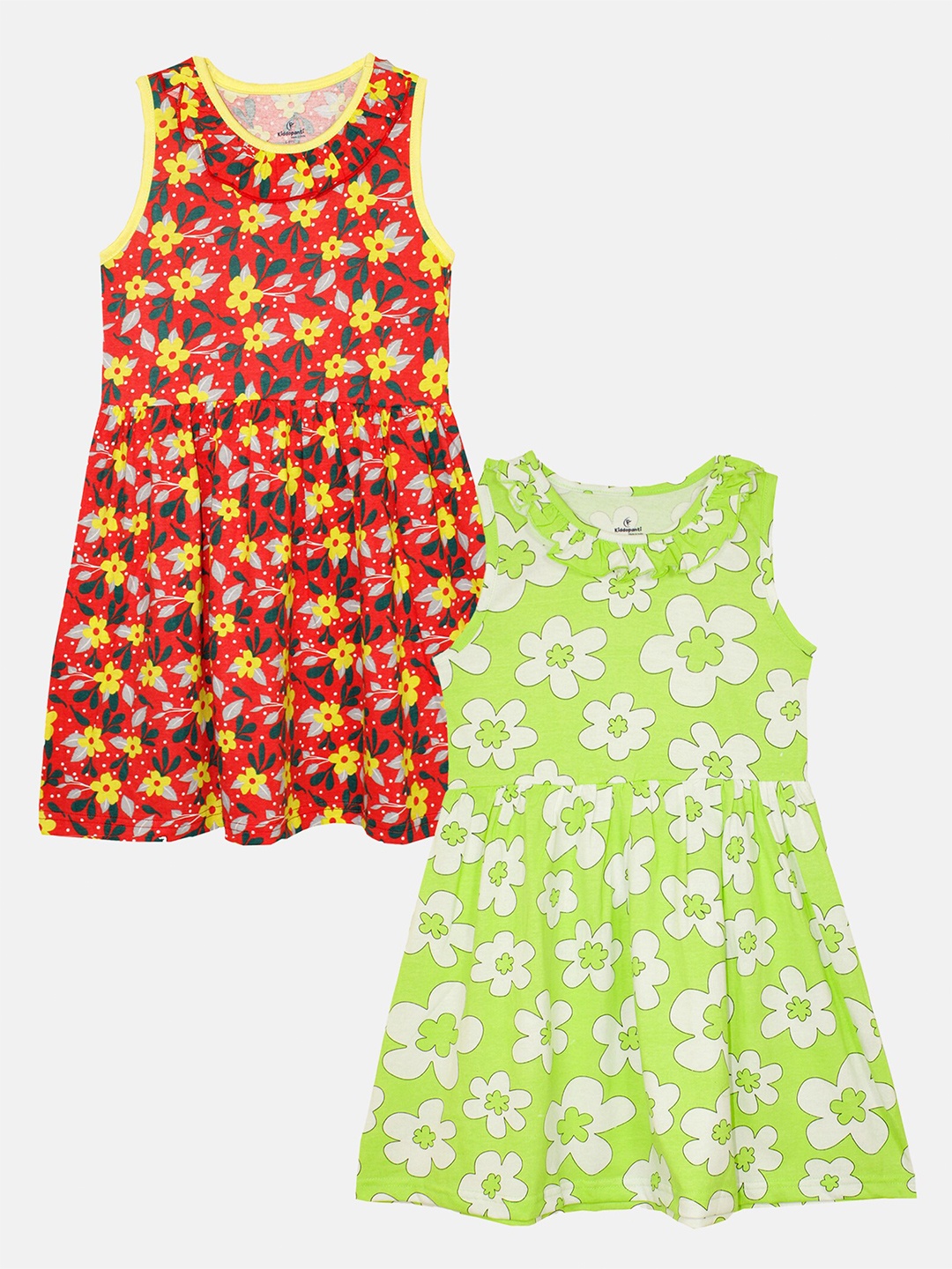 KiddoPanti Girls Pack of 2 Floral Print Pure Cotton A-Line Dress, Red