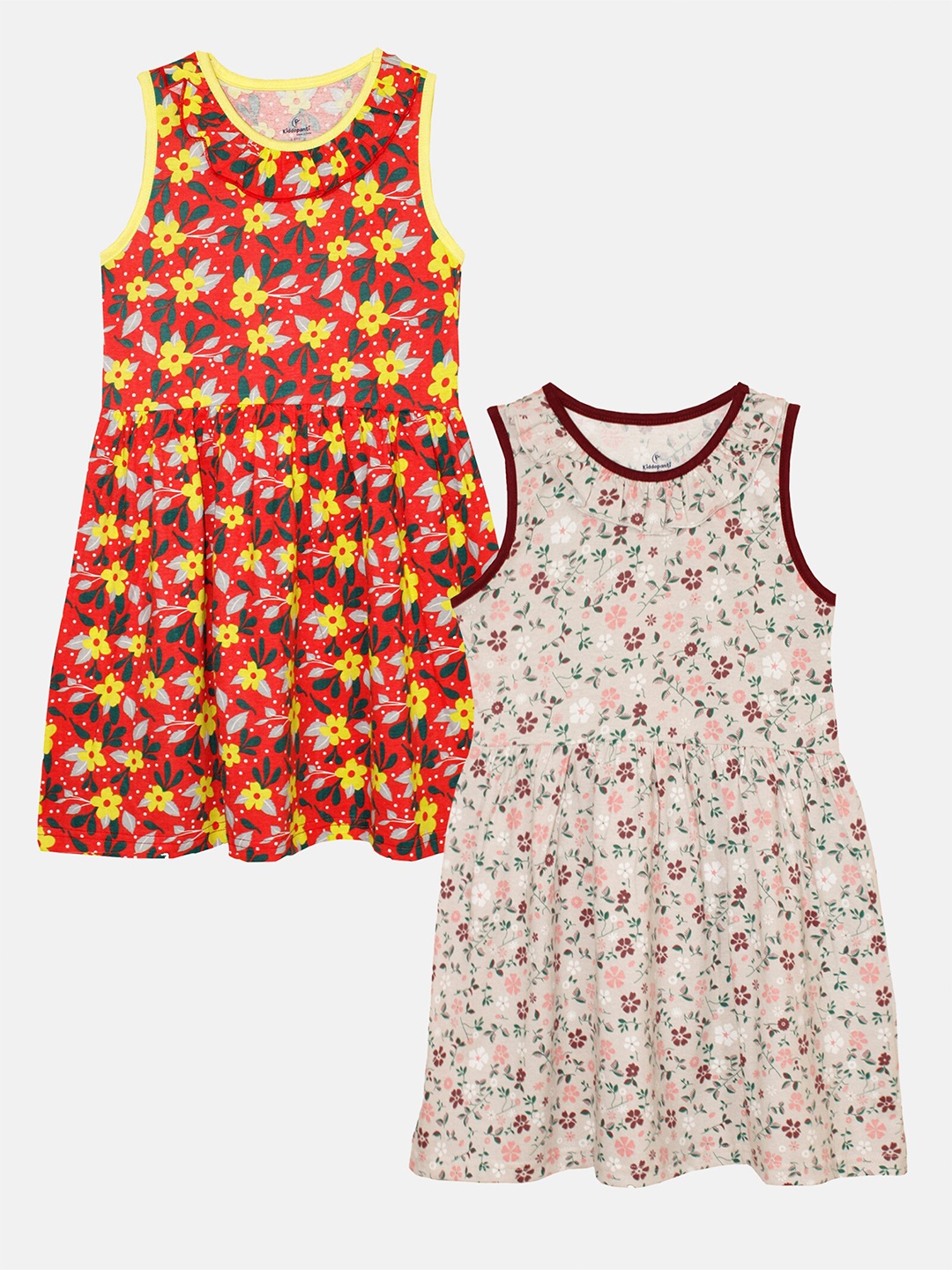 

KiddoPanti Girls Pack of 2 Floral Print Pure Cotton A-Line Dress, Red
