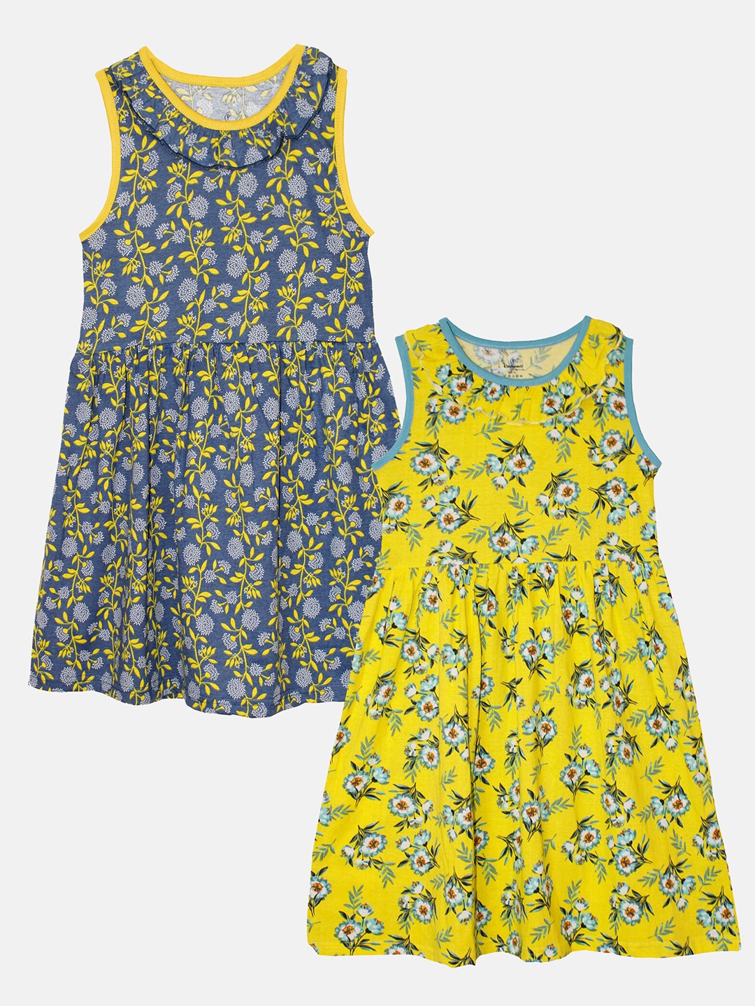

KiddoPanti Girls Pack of 2 Floral Print Pure Cotton A-Line Dress, Navy blue