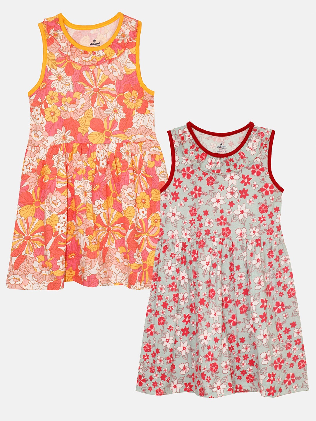 

KiddoPanti Girls Pack of 2 Floral Print Pure Cotton A-Line Dress, Pink