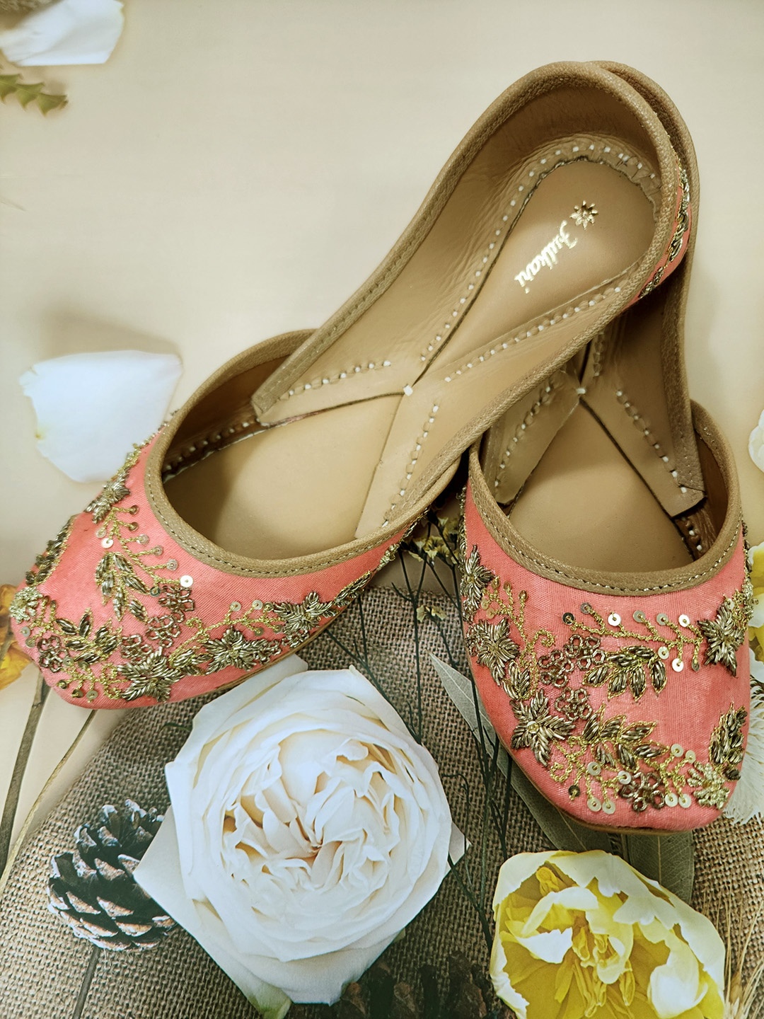 

Fulkari Embellished Round Toe Leather Mojaris, Peach