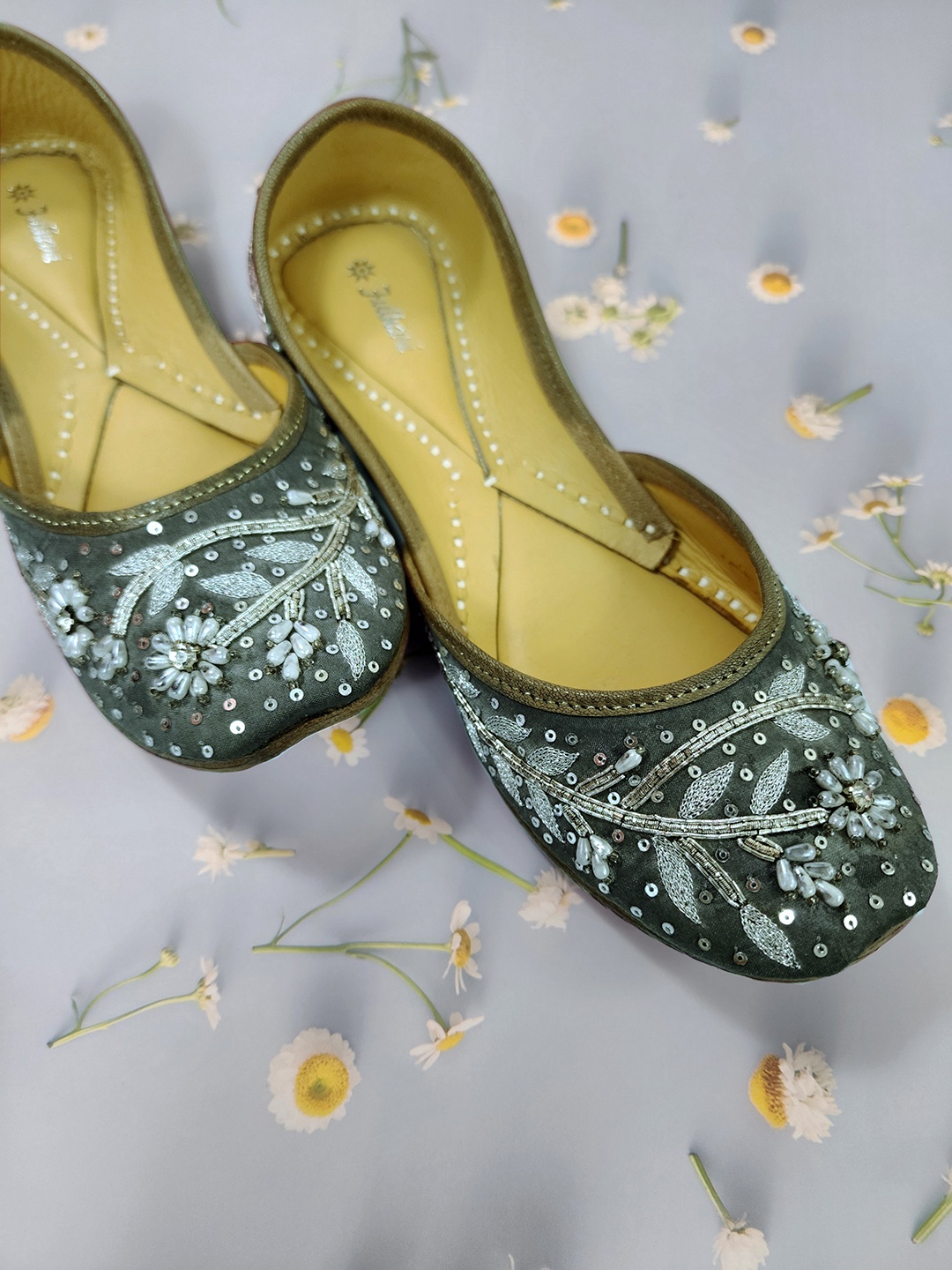 Fulkari Embellished Round Toe Leather Mojaris, Grey