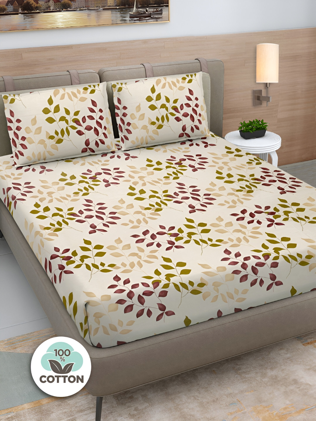 

FABINALIV White & Green Floral Print Cotton Super King Size Bedsheet & 2 Pillow Covers