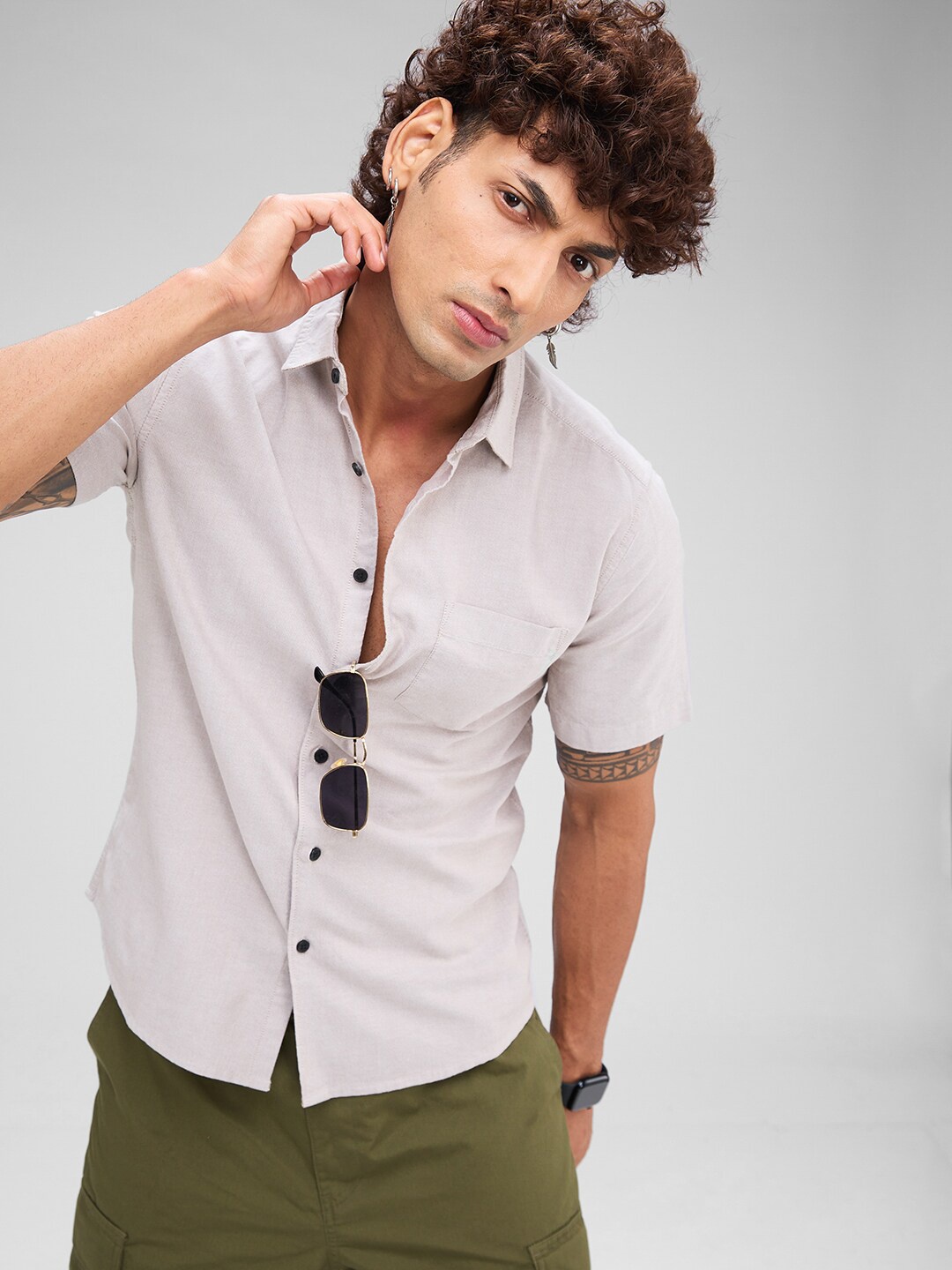 VASTRADO Slim Fit Short Sleeves Cotton Casual Shirt, Brown