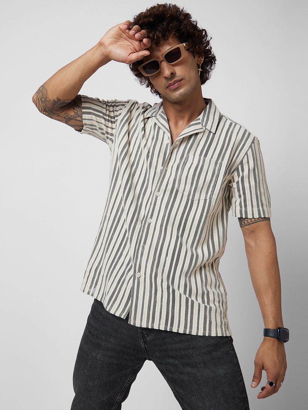 

VASTRADO Striped Oversized Casual Shirt, Off white