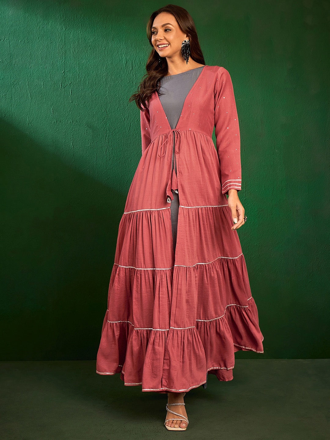 

Sangria Women Solid Dress with Mukaish Embroidered Jacket, Peach