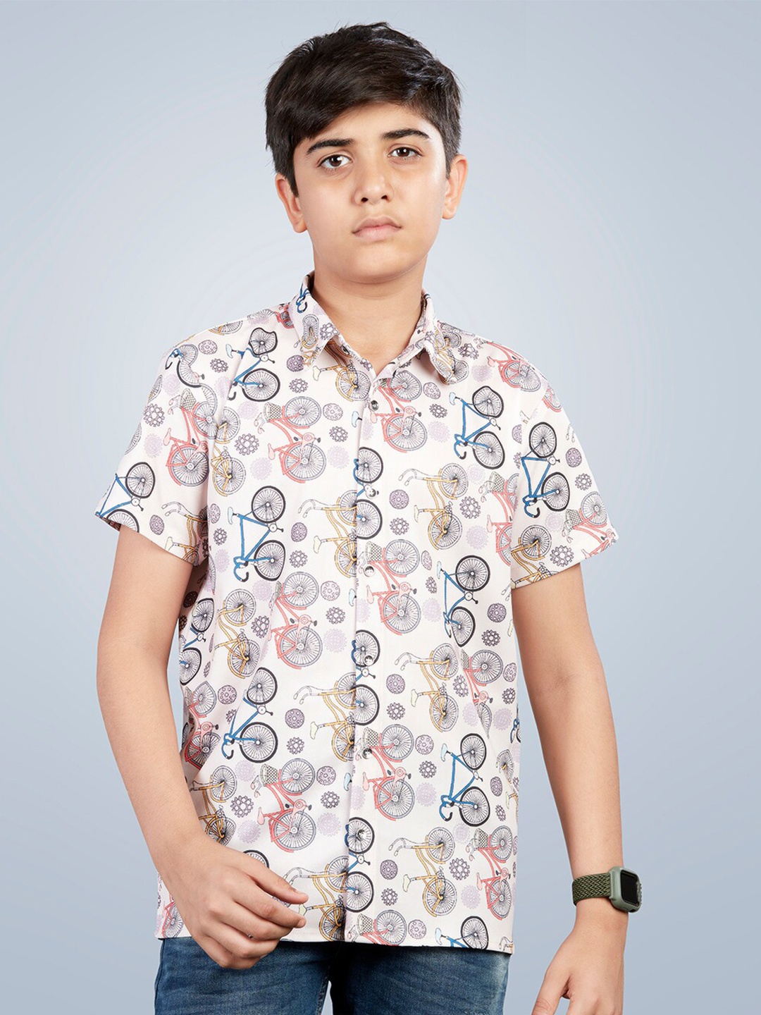 

Lil Peacock Boys Conversational Printed Casual Shirt, Peach