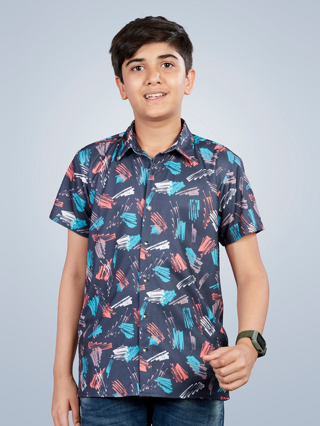

Lil Peacock Boys Abstract Printed Casual Shirt, Navy blue