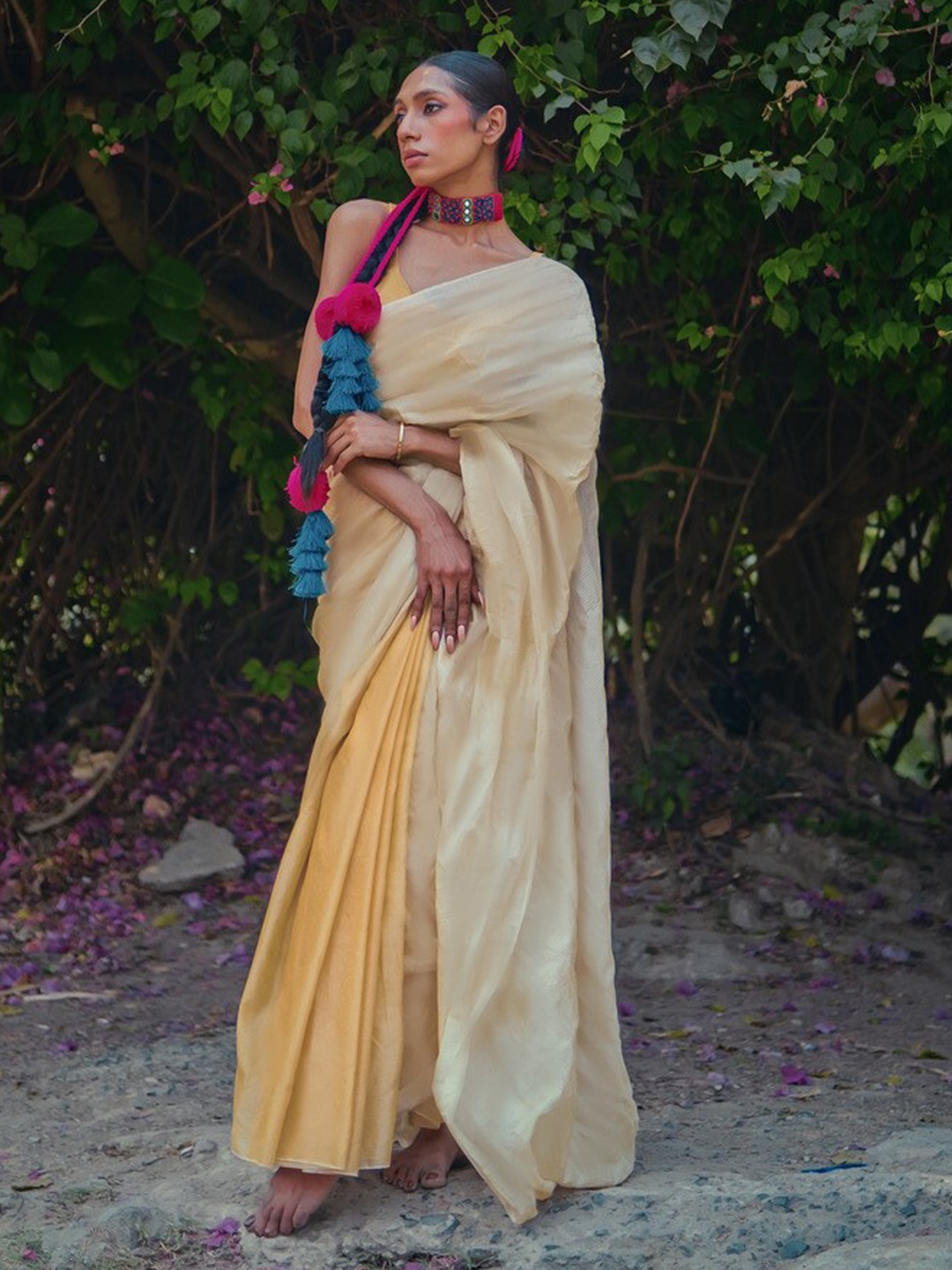 

HUTS AND LOOMS Striped Silk Cotton Saree, Yellow