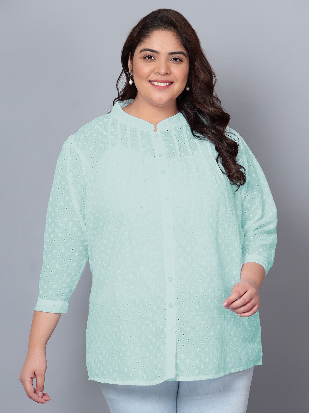 Indietoga Plus Size Embroidered Chikankari Pure Cotton Tunic, Green
