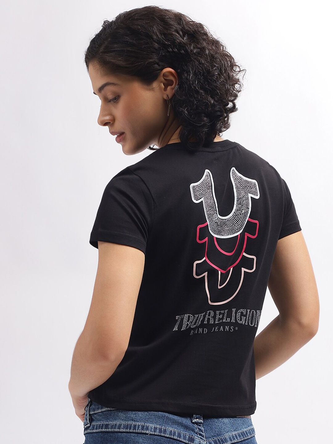 

True Religion Embellished V Neck Cotton T-shirt, Black