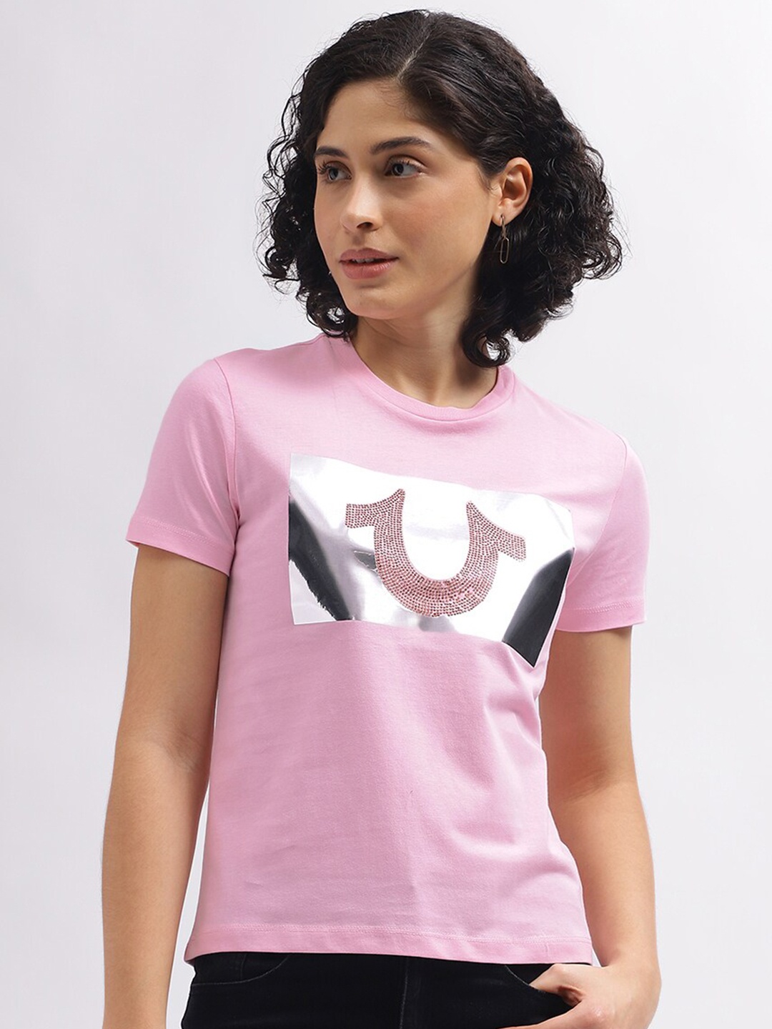True Religion Embellished Round Neck Cotton T-shirt, Pink