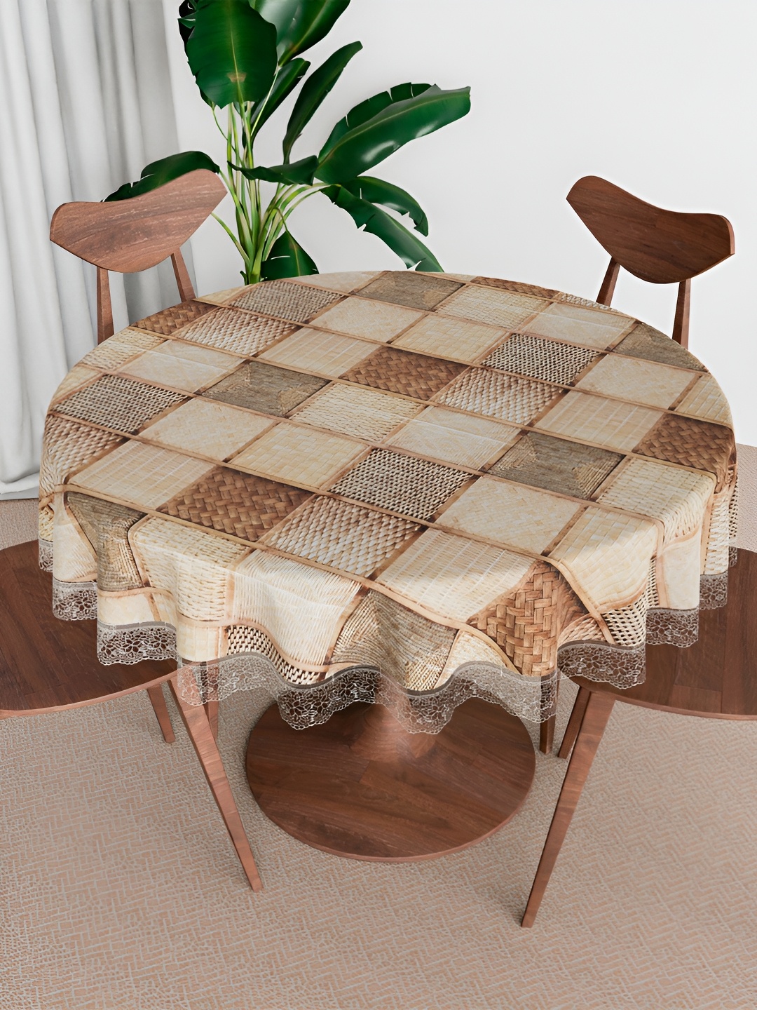 Kuber Industries Brown & Cream Waterproof Round 6-Seater Table Cover