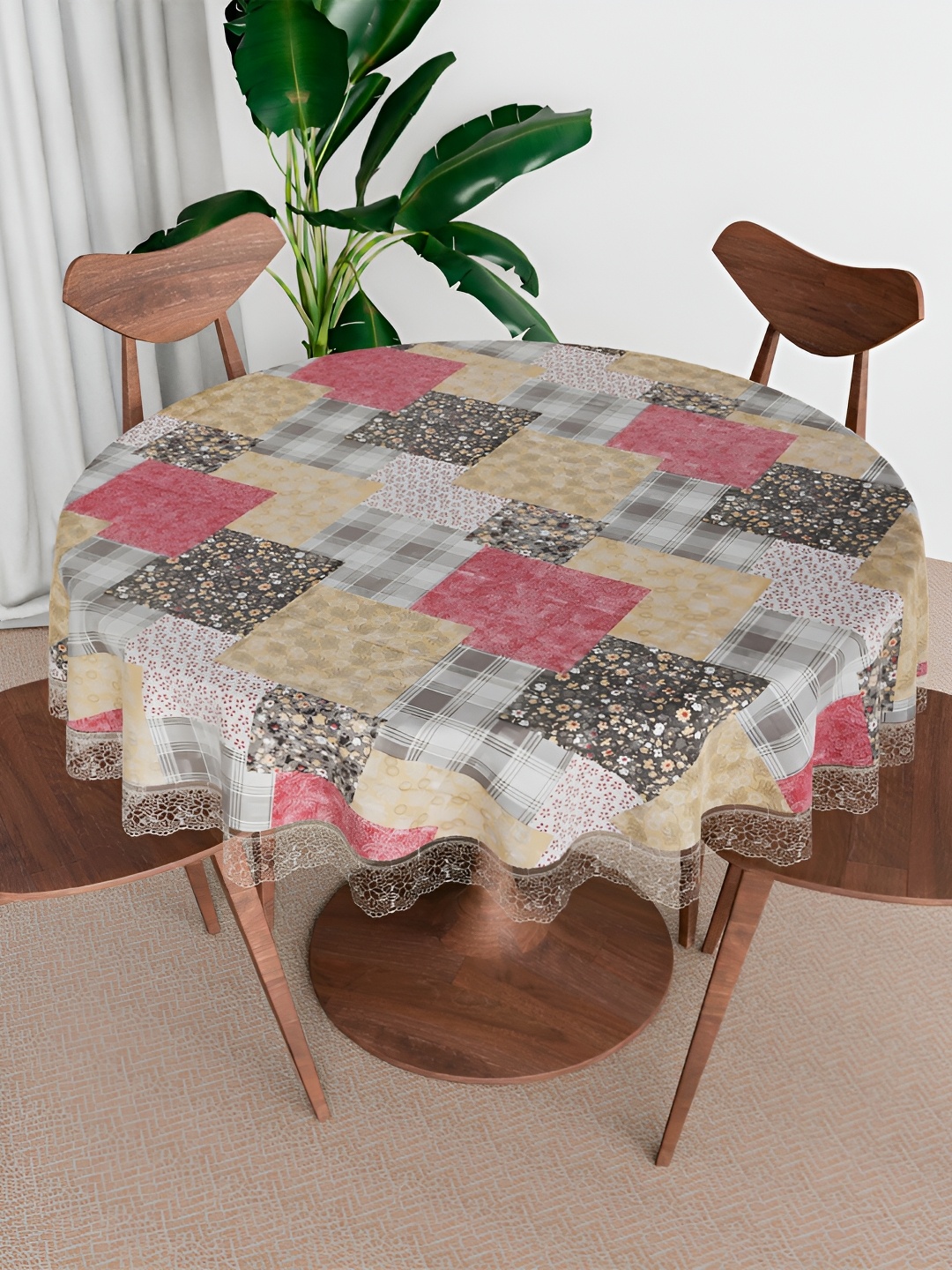 

Kuber Industries Maroon & Pink Waterproof Round 6-Seater Table Cover