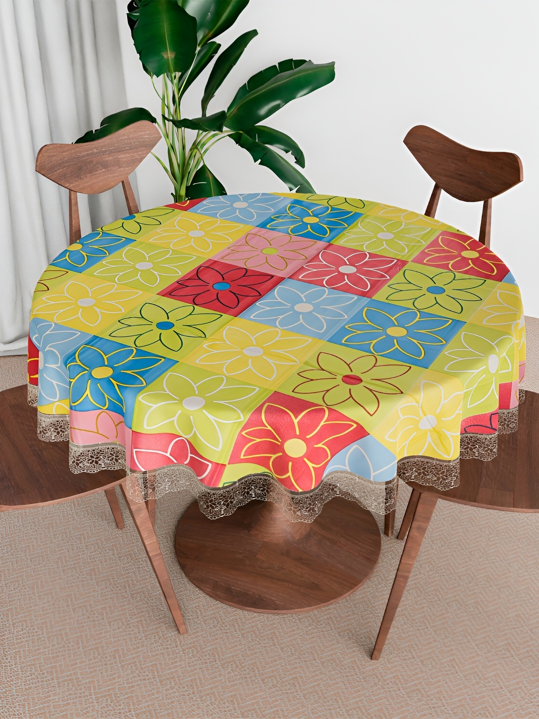 

Kuber Industries Yellow & Blue Floral Waterproof Round 6-Seater Table Cover