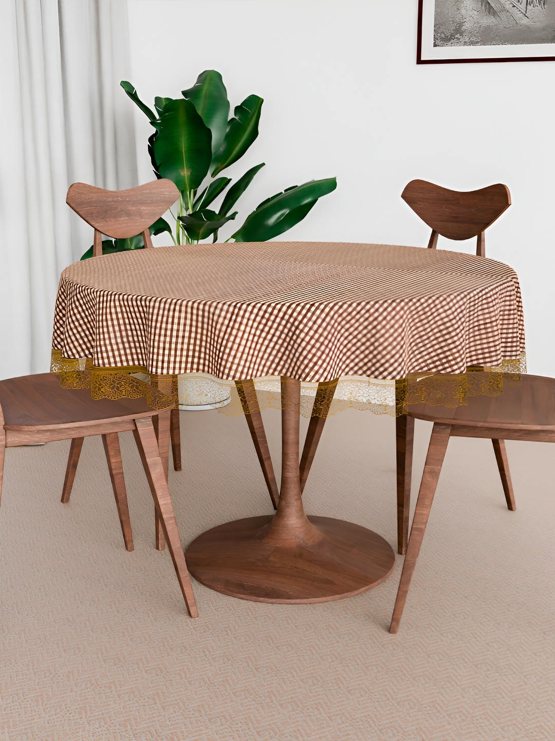 Kuber Industries Brown & White Waterproof Round 6-Seater Table Cover