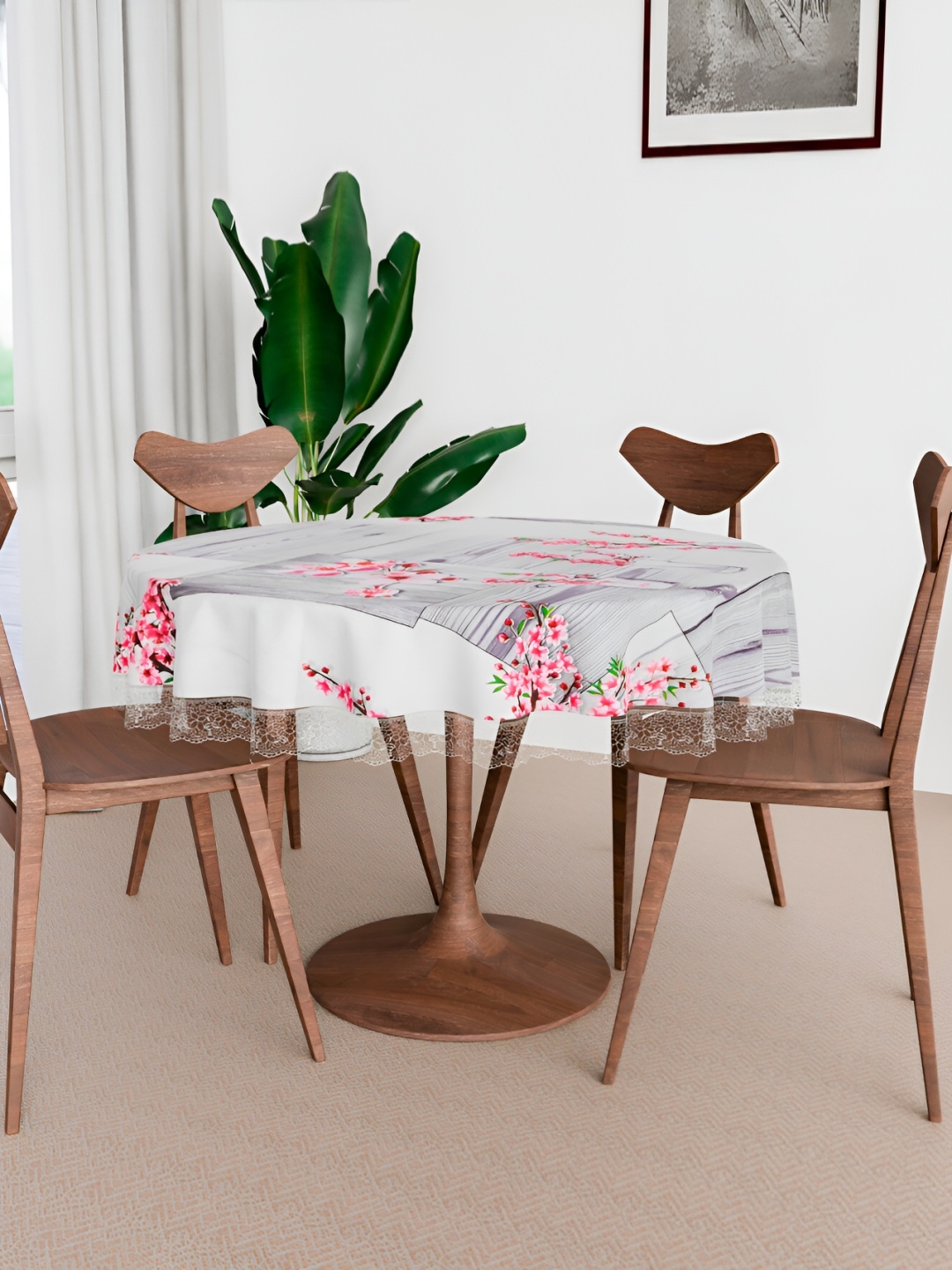 

Kuber Industries Grey & Pink Floral Waterproof Round 6-Seater Table Cover
