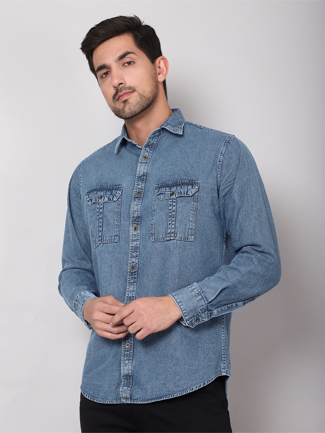

Beyoung Classic Spread Collar Denim Casual Shirt, Blue