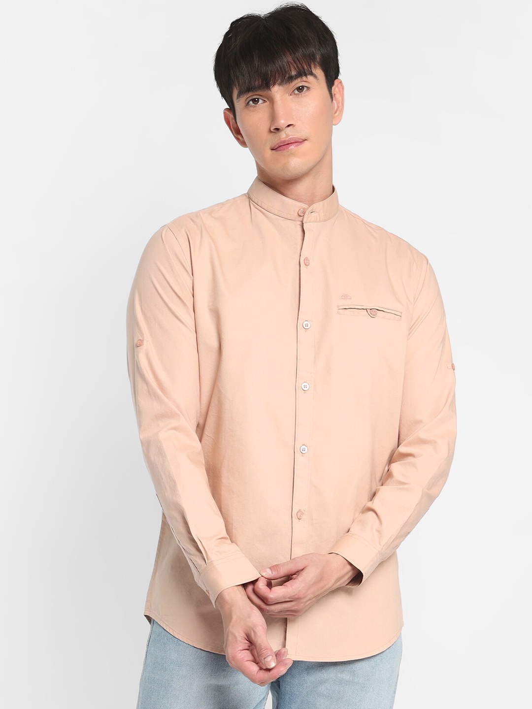 

Beyoung Classic Band Collar Oxford Cotton Casual Shirt, Peach