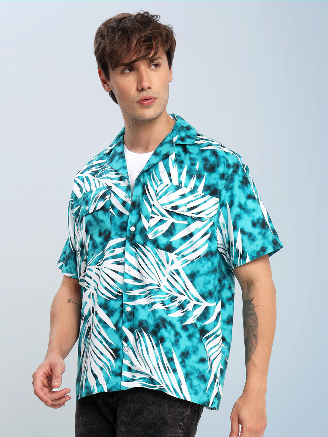 

Beyoung Classic Tropical Printed Cuban Collar Casual Shirt, Green