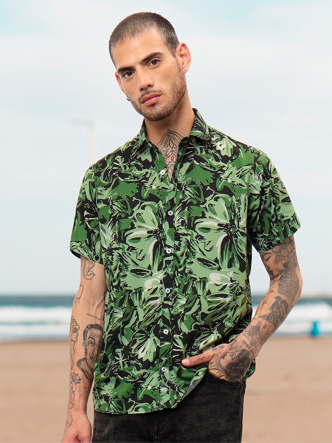 

Beyoung Classic Floral Opaque Printed Hawaiian Casual Shirt, Green