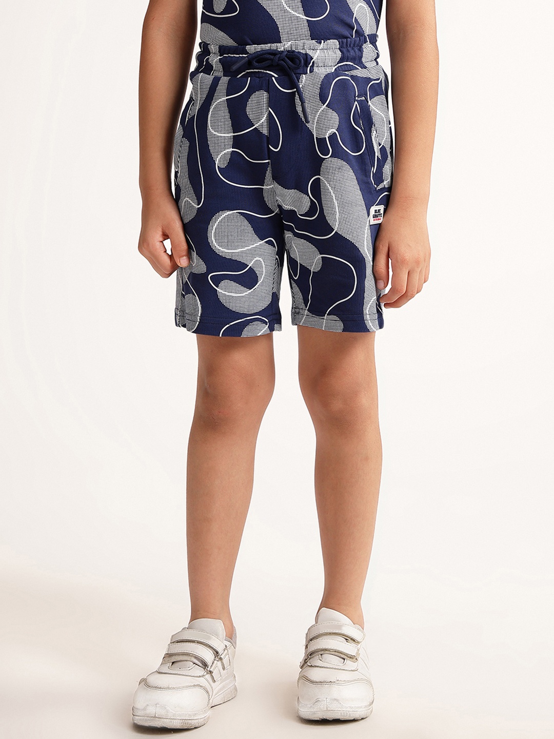 

Blue Giraffe Boys Abstract Printed Mid Rise Pure Cotton Shorts, Navy blue